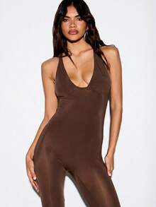 KIZN Halter Neck Deep V Plunge Catsuit Full Length Skinny Leg Jumpsuit Backless Slinky Bodysuit - Brown - View 6