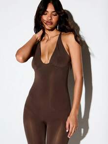 KIZN Halter Neck Deep V Plunge Catsuit Full Length Skinny Leg Jumpsuit Backless Slinky Bodysuit - Brown - View 3