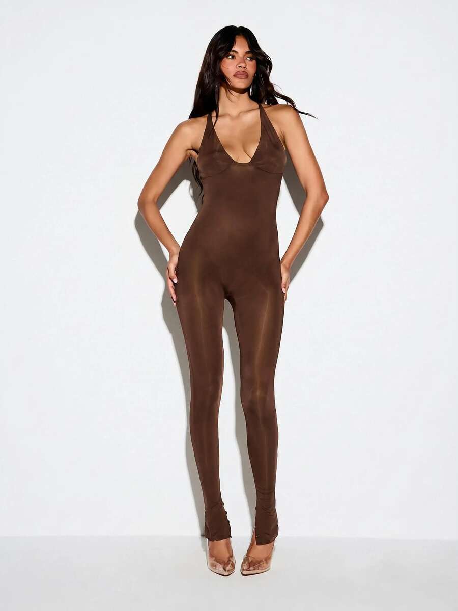 KIZN Halter Neck Deep V Plunge Catsuit Full Length Skinny Leg Jumpsuit Backless Slinky Bodysuit - Brown - View 1