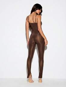 KIZN Halter Neck Deep V Plunge Catsuit Full Length Skinny Leg Jumpsuit Backless Slinky Bodysuit - Brown - View 2