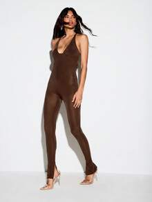 KIZN Halter Neck Deep V Plunge Catsuit Full Length Skinny Leg Jumpsuit Backless Slinky Bodysuit - Brown - View 5