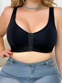 1 pieza Sostén de cierre frontal sencillo y liso para tallas grandes - Negro - Ver 4
