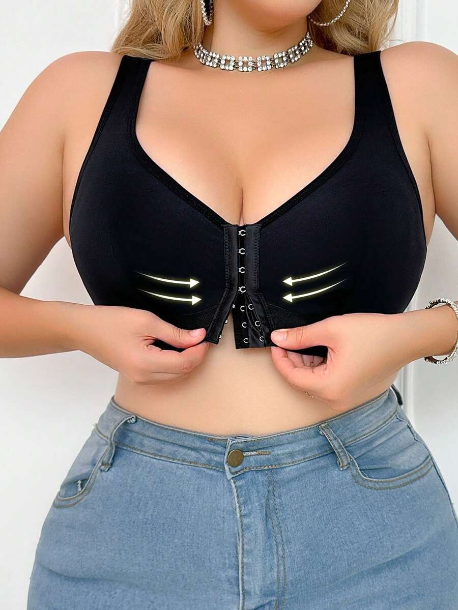 1 pieza Sostén de cierre frontal sencillo y liso para tallas grandes - Negro - Ver 1