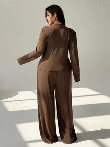 Auralis Casual Loose Knit Mid-Stretch Plus Size Long Sleeve 2-Piece Set/Basic Outfit/Brown Mixed Color Back To School Vintage Set Fall - Brown - View 4
