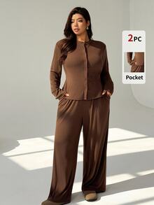 Auralis Casual Loose Knit Mid-Stretch Plus Size Long Sleeve 2-Piece Set/Basic Outfit/Brown Mixed Color Back To School Vintage Set Fall - Brown - View 7