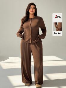 Auralis Casual Loose Knit Mid-Stretch Plus Size Long Sleeve 2-Piece Set/Basic Outfit/Brown Mixed Color Back To School Vintage Set Fall - Brown - View 8