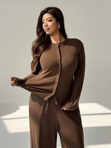 Auralis Casual Loose Knit Mid-Stretch Plus Size Long Sleeve 2-Piece Set/Basic Outfit/Brown Mixed Color Back To School Vintage Set Fall - Brown - View 9