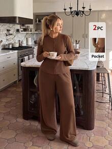 Auralis Casual Loose Knit Mid-Stretch Plus Size Long Sleeve 2-Piece Set/Basic Outfit/Brown Mixed Color Back To School Vintage Set Fall - Brown - View 2
