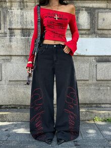 Coolane 女款夏秋街頭風 Y2K 牛仔女郎休閒復古水洗低腰寬腿牛仔褲，棉質亮片水鑽香蕉哈倫褲 - 黑色 - 查看 7