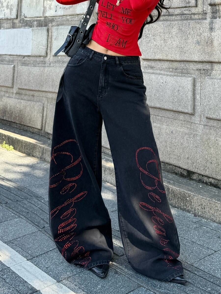 Coolane 女款夏秋街頭風 Y2K 牛仔女郎休閒復古水洗低腰寬腿牛仔褲，棉質亮片水鑽香蕉哈倫褲