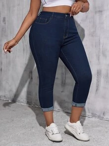 SHEIN Tall CURVE 大碼牛仔褲 - 深色水洗藍 - 查看 1