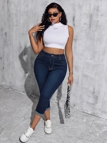 SHEIN Tall CURVE 大碼牛仔褲 - 深色水洗藍 - 查看 4