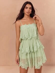 Enchnt 女士时尚百搭度假蕾丝拼接层叠下摆连衣裙 - 綠色 - 查看 6