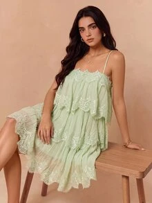 Enchnt 女士时尚百搭度假蕾丝拼接层叠下摆连衣裙 - 綠色 - 查看 2