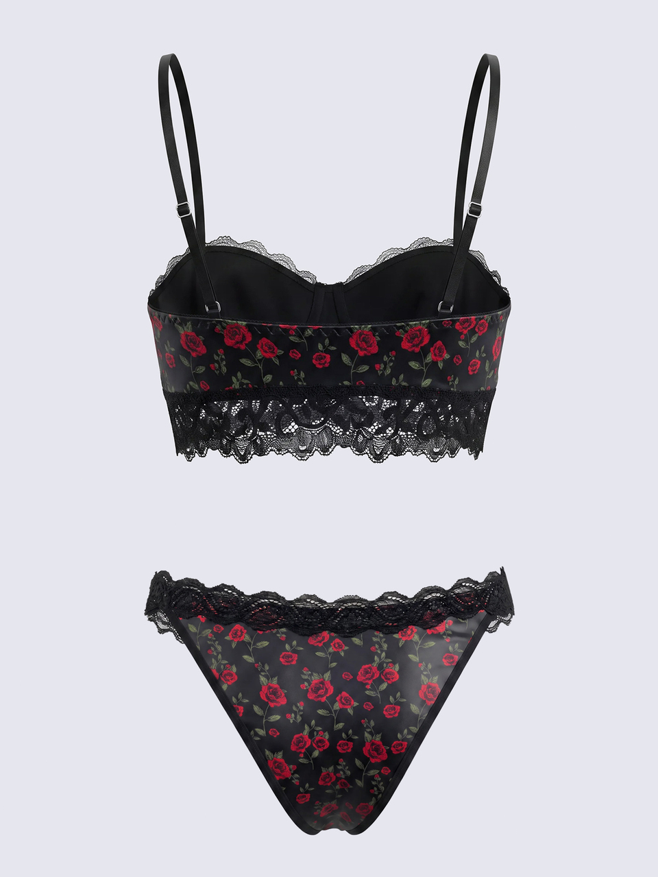 AiiRZ Floral Rose Print Longline Bralette And Thong Set With Lace Trim