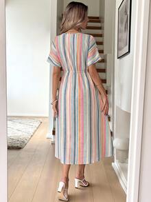 SHEIN LUNE Vintage Tropical Boho Blue Striped Striped Print Casual Bow Mid-Length Short Sleeve Dress Beach Vacation Summer - Multicolor - View 2