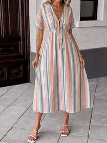 SHEIN LUNE Vintage Tropical Boho Blue Striped Striped Print Casual Bow Mid-Length Short Sleeve Dress Beach Vacation Summer - Multicolor - View 4