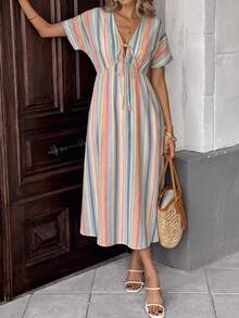 SHEIN LUNE Vintage Tropical Boho Blue Striped Striped Print Casual Bow Mid-Length Short Sleeve Dress Beach Vacation Summer - Multicolor - View 3