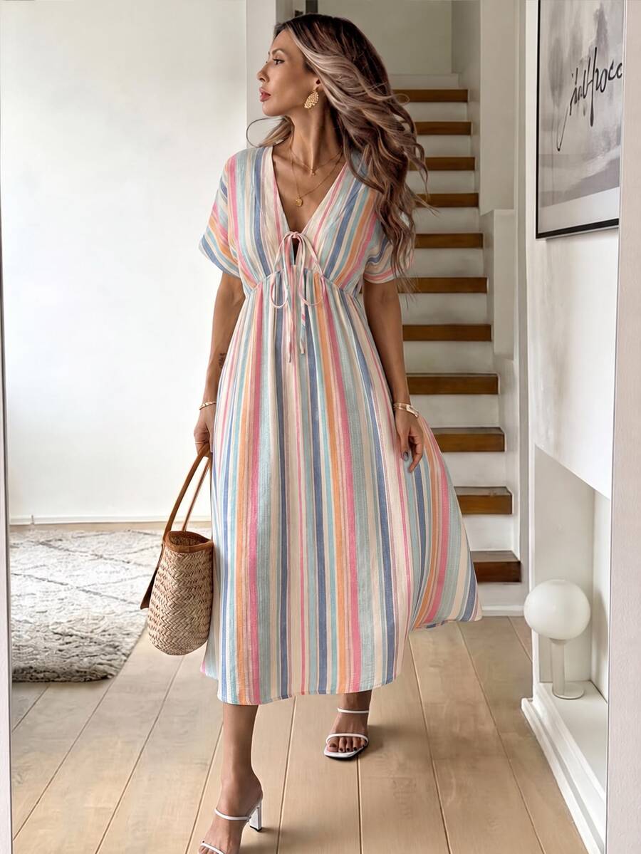 SHEIN LUNE Vintage Tropical Boho Blue Striped Striped Print Casual Bow Mid-Length Short Sleeve Dress Beach Vacation Summer - Multicolor - View 1