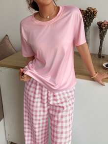 Dream Adore Cotton-Like Solid Color Short Sleeve Top & Puff Wrinkle Plaid Print Long Pants Pajama Set - Multicolor - View 6