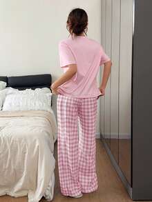 Dream Adore Cotton-Like Solid Color Short Sleeve Top & Puff Wrinkle Plaid Print Long Pants Pajama Set - Multicolor - View 2