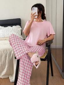 Dream Adore Cotton-Like Solid Color Short Sleeve Top & Puff Wrinkle Plaid Print Long Pants Pajama Set - Multicolor - View 5