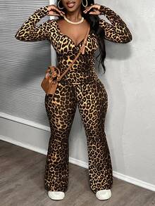 Slaydiva 2 piezas Conjunto informal de top y pantalones con estampado de leopardo para mujer - Multicolor - Ver 8