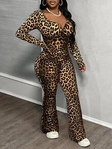 Slaydiva 2 piezas Conjunto informal de top y pantalones con estampado de leopardo para mujer - Multicolor - Ver 13