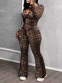 Slaydiva 2 piezas Conjunto informal de top y pantalones con estampado de leopardo para mujer - Multicolor - Ver 2