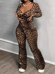 Slaydiva 2 piezas Conjunto informal de top y pantalones con estampado de leopardo para mujer - Multicolor - Ver 12