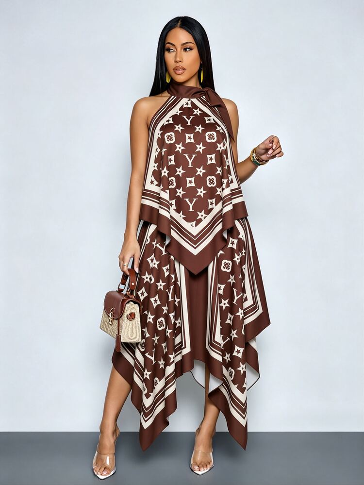 SOLERSUN Women's Letter Star Print Asymmetric Hem Halter Neck Blouse Brunch Vacation Brown Summer Street Elegant - Brown - View 4