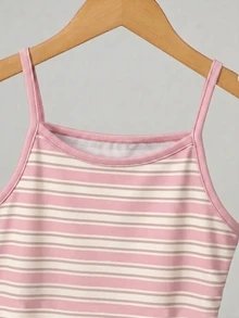 SHEIN Tween Girl) Casual All-Match Versatile Daily Home Seasonal Transition Outfit Open Front Cardigan, Fitted Tank Top And Loose Shorts Yellow Striped 3 Pieces Set - Pink - View 4