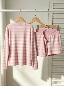 SHEIN Tween Girl) Casual All-Match Versatile Daily Home Seasonal Transition Outfit Open Front Cardigan, Fitted Tank Top And Loose Shorts Yellow Striped 3 Pieces Set - Pink - View 2