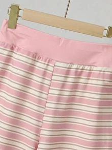 SHEIN Tween Girl) Casual All-Match Versatile Daily Home Seasonal Transition Outfit Open Front Cardigan, Fitted Tank Top And Loose Shorts Yellow Striped 3 Pieces Set - Pink - View 5