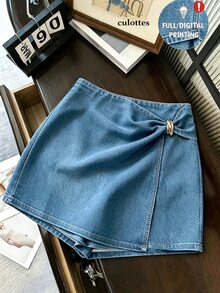 SHEIN Franclia Women's Summer Casual Wrap Skort - Medium Wash - View 1