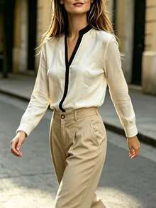 SHEIN Autumn Casual Contrast Color Placket Shirt - Apricot - View 4