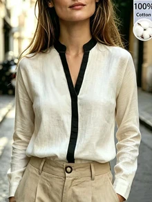SHEIN Autumn Casual Contrast Color Placket Shirt - Apricot - View 3