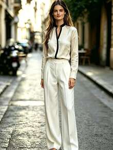 SHEIN Autumn Casual Contrast Color Placket Shirt - Apricot - View 7