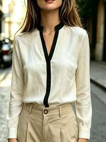 SHEIN Autumn Casual Contrast Color Placket Shirt - Apricot - View 5