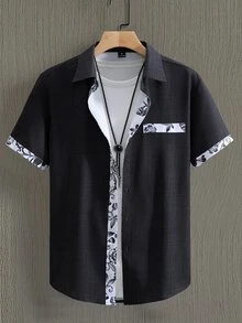 Manfinity Homme Men's Floral Print Button Front Casual Short Sleeve Shirt Men Black Trim Beach Holiday - Black - View 3
