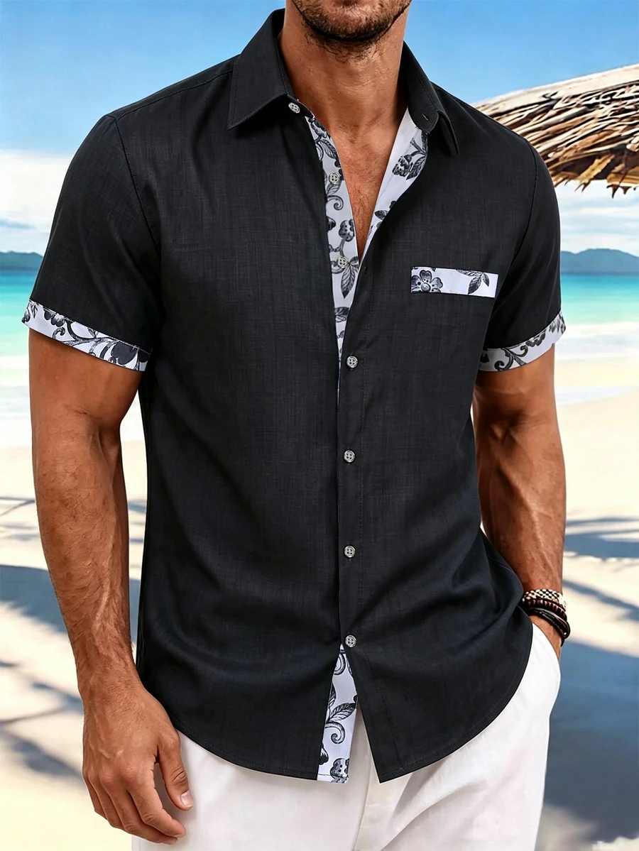 Manfinity Homme Men's Floral Print Button Front Casual Short Sleeve Shirt Men Black Trim Beach Holiday - Black - View 1