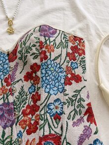 Soleia 女款彩色復古花卉編織提花宮廷風前扣式胸衣上衣，適合度假 - 彩色 - 查看 6