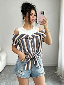 SHEIN Franclia 女士新款圆领针织拼接格子两合一下摆系带休闲优雅衬衫，春夏款 - 彩色 - 查看 3
