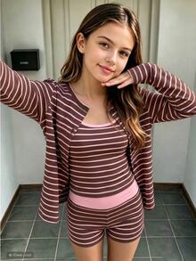 女童（大童）休閒百搭日常居家季節過渡套裝，開襟針織外套、修身背心與寬鬆短褲，黃色條紋 3 件套 - 棕色 - 查看 1