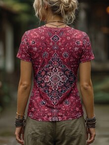 Selamara 女款夏季新款休閒波希米亞風V領短袖T恤，酒紅色與金色，適合約會、度假與日常穿著 - 彩色 - 查看 2