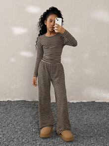 Tween Girls Fall Winter Casual Striped Long Sleeve Tee & Loose Straight Leg Pants Set - Brown - View 3