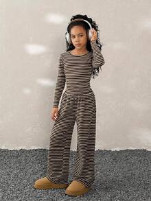 Tween Girls Fall Winter Casual Striped Long Sleeve Tee & Loose Straight Leg Pants Set - Brown - View 1