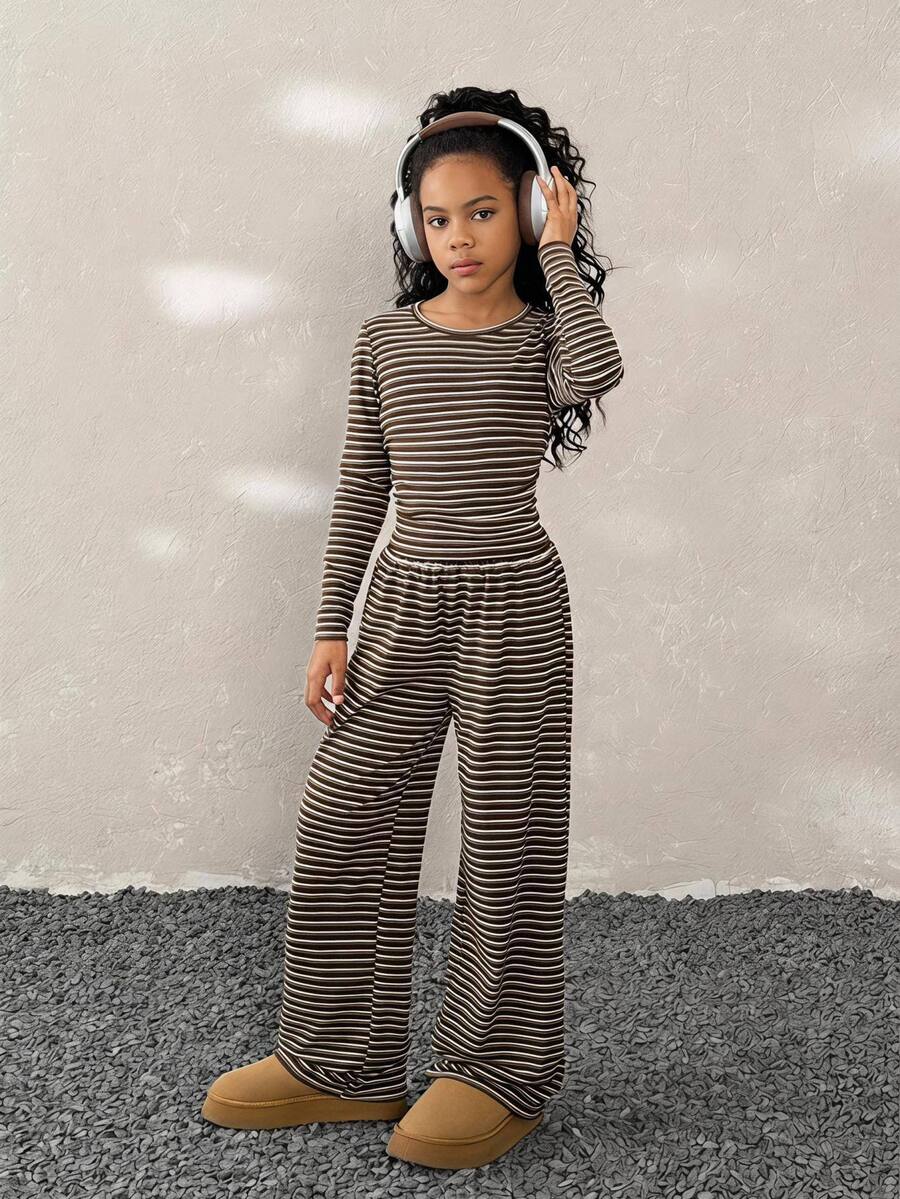 Tween Girls Fall Winter Casual Striped Long Sleeve Tee & Loose Straight Leg Pants Set - Brown - View 1