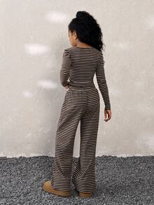 Tween Girls Fall Winter Casual Striped Long Sleeve Tee & Loose Straight Leg Pants Set - Brown - View 2