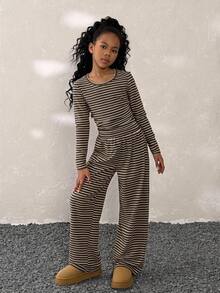 Tween Girls Fall Winter Casual Striped Long Sleeve Tee & Loose Straight Leg Pants Set - Brown - View 4